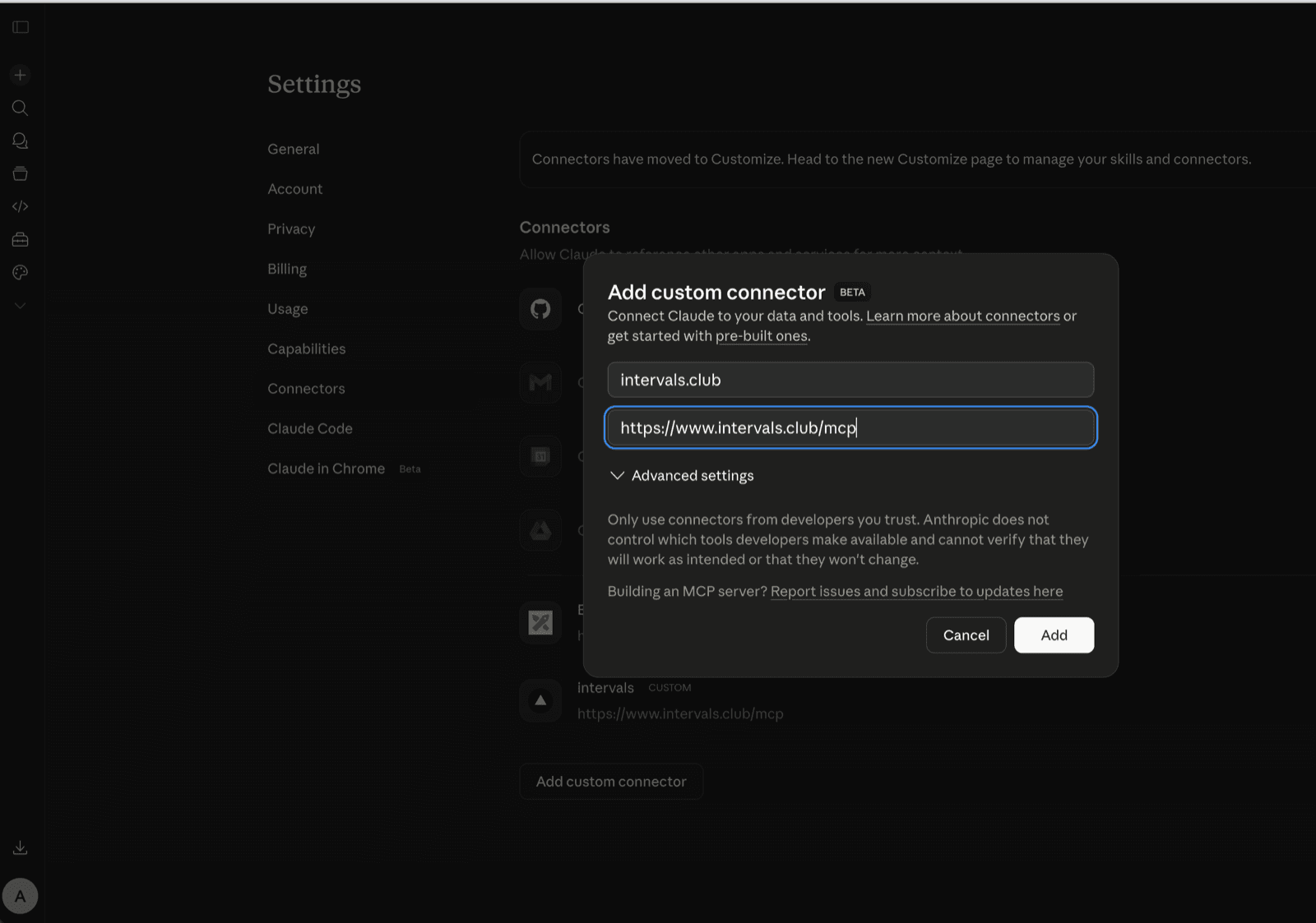 Claude Settings → Add custom connector dialog with intervals.club name and MCP URL filled in