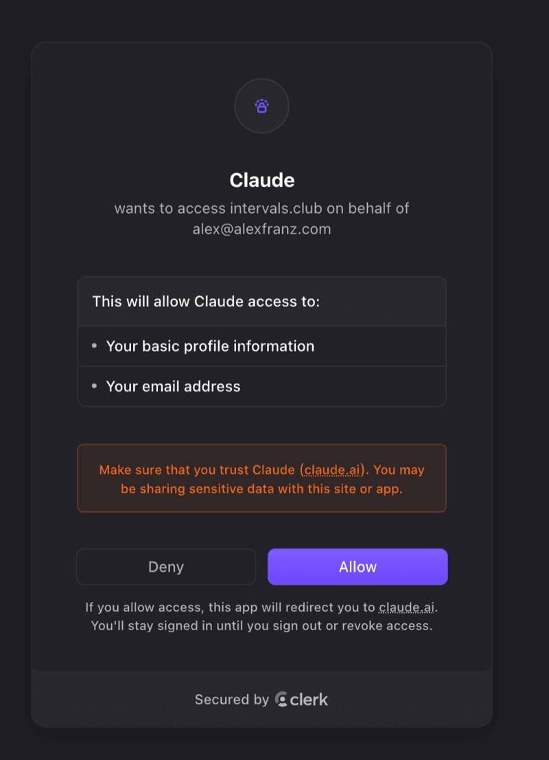 intervals.club authorization screen asking the user to grant Claude access to their account